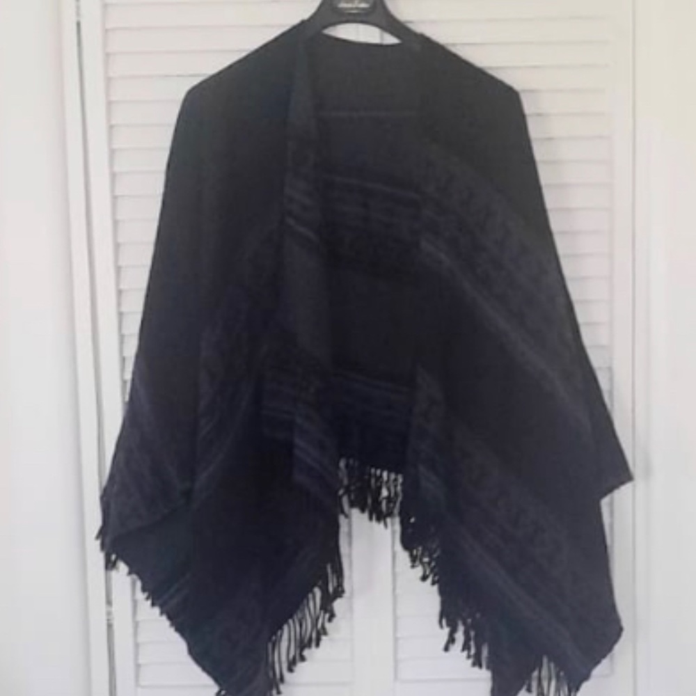 Reversible Boho Blue Black Grey Southwestern Abstract warm CAPE KNIT PONCHO boho